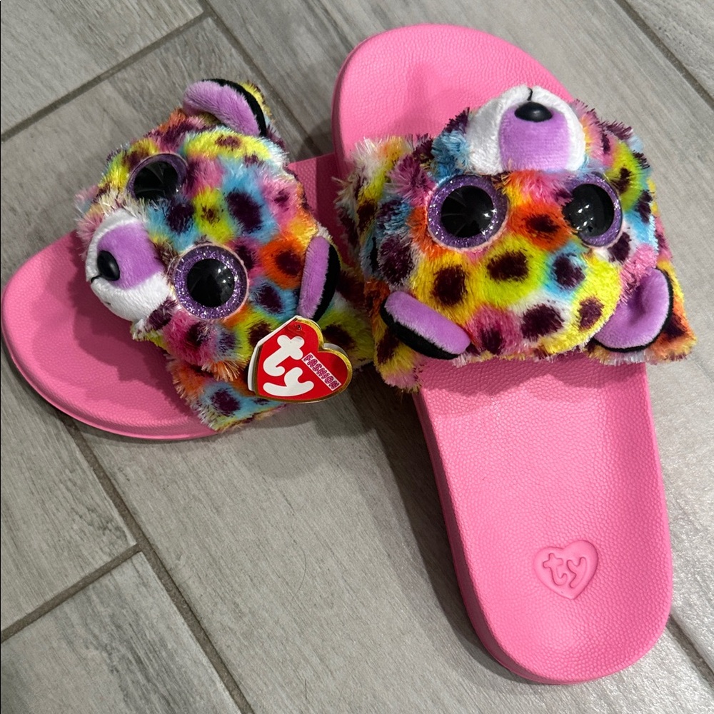 NWT | Ty Pink Plush Slide Sandals with Rainbow Leopard Plush Tops